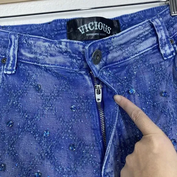 Vicious Authentic Denim Shorts Mens 36 Blue Embellished Cargo Studded Streetwear
